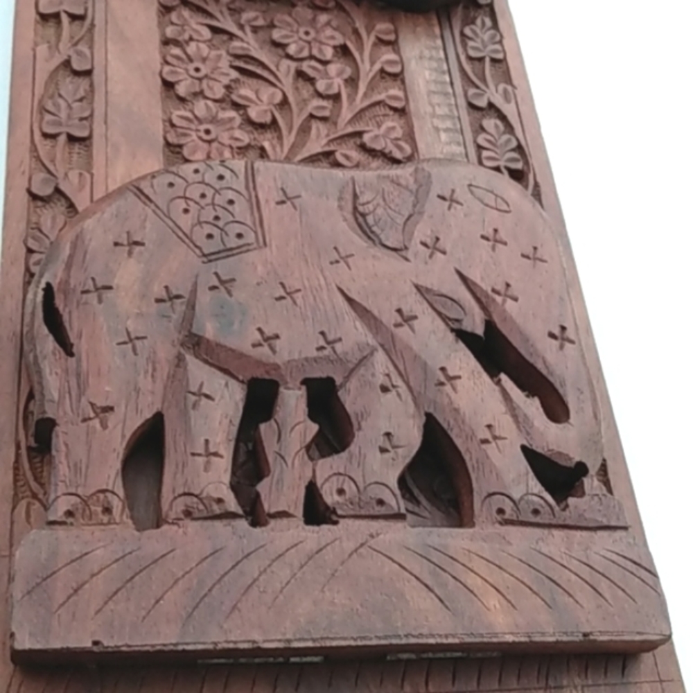 70s hand carved wood elephant expandable bookends